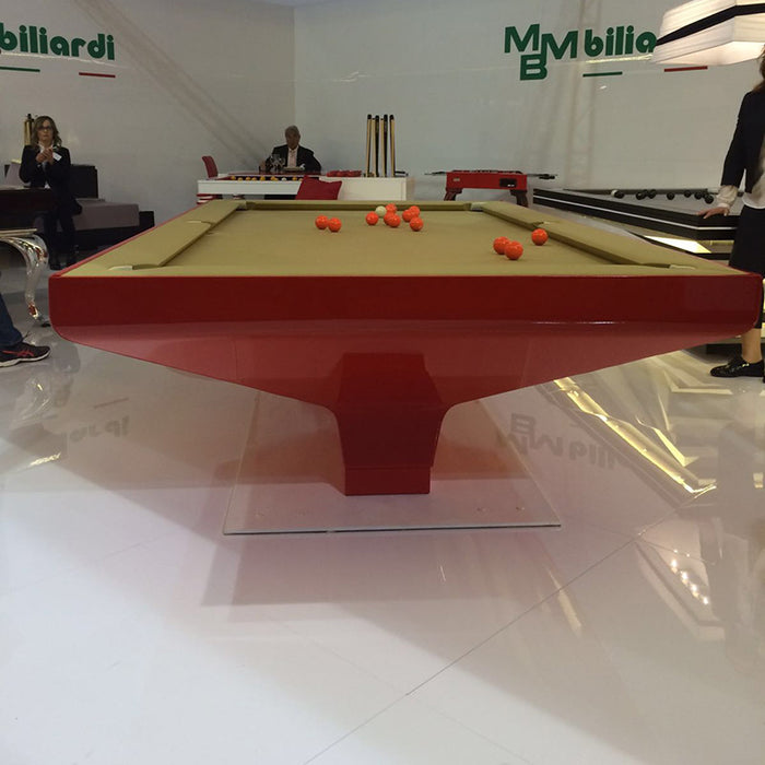 MBM Biliardi B_ig Pool Table in bold red gloss finish with light tan felt, showcased in a premium exhibition environment.