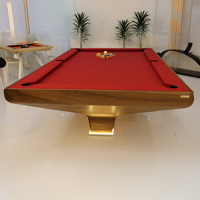 Luxurious MBM Biliardi B_ig Pool Table with rich walnut wood finish, bright red felt and illuminated base in a minimalist modern room.