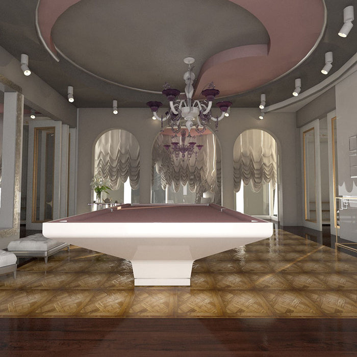 White MBM Biliardi B_ig Pool Table with pastel pink felt, displayed in an opulent interior with curved ceiling design and classical furnishings.