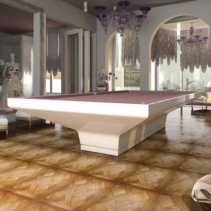 MBM Biliardi B_ig Pool Table in white lacquer finish with soft pink felt, set in an elegant classical interior with ornate décor and arched windows.