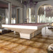 MBM Biliardi B_ig Pool Table in white lacquer finish with soft pink felt, set in an elegant classical interior with ornate décor and arched windows.