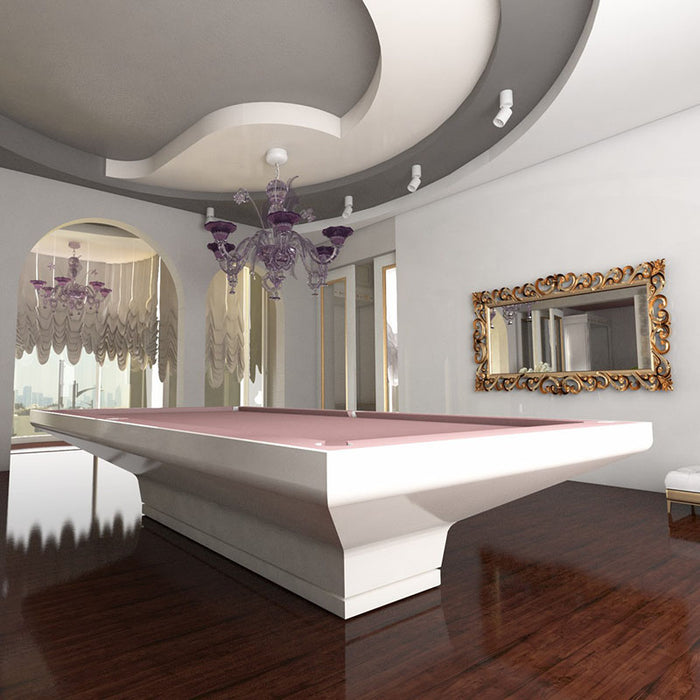 Elegant MBM Biliardi B_ig Pool Table in white finish with soft pink felt, set in a luxurious interior with chandeliers and vintage mirror.
