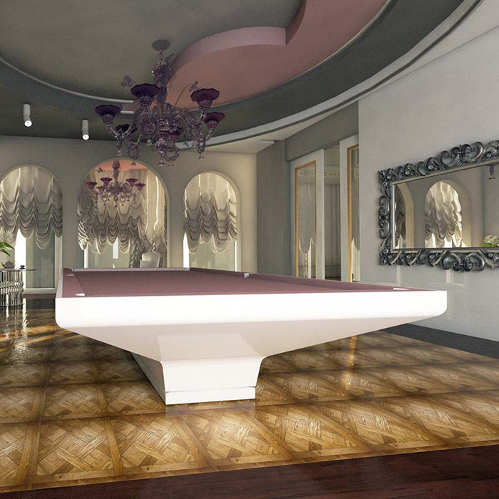 Front view of MBM Biliardi B_ig Pool Table in sleek white finish with blush pink felt, positioned beneath a curved ceiling and baroque chandelier.
