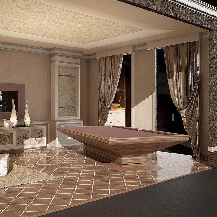 MBM Biliardi B_ig Pool Table featuring premium zebrawood veneer and soft burgundy felt, styled in a traditional luxury lounge with draped curtains.