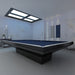 MBM Biliardi B_ig Pool Table with navy blue felt and matte black base in a sleek modern game room with artistic wall décor.