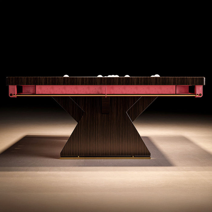 Front view of the MBM Biliardi Dune luxury pool table in rich dark wood with a bold X-shaped base and elegant red detailing, designed for high-end interiors.