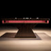 Front view of the MBM Biliardi Dune luxury pool table in rich dark wood with a bold X-shaped base and elegant red detailing, designed for high-end interiors.
