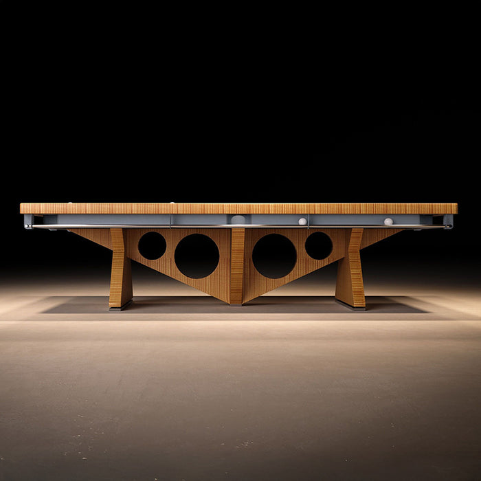 Side profile of the MBM Biliardi Dune modern pool table with circular cut-out leg design and sleek light wood frame, ideal for contemporary game rooms.