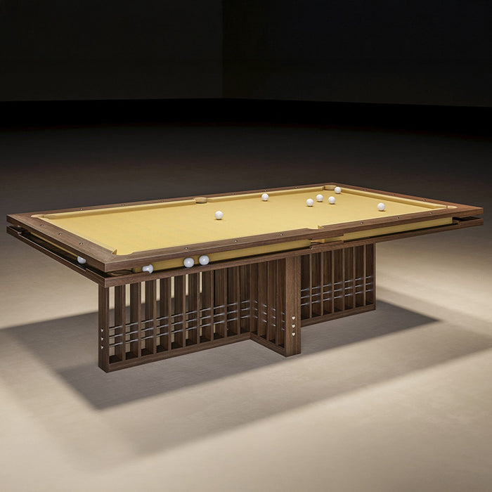 MBM Biliardi Kyoto contemporary billiard table with yellow cloth and sleek wooden frame.