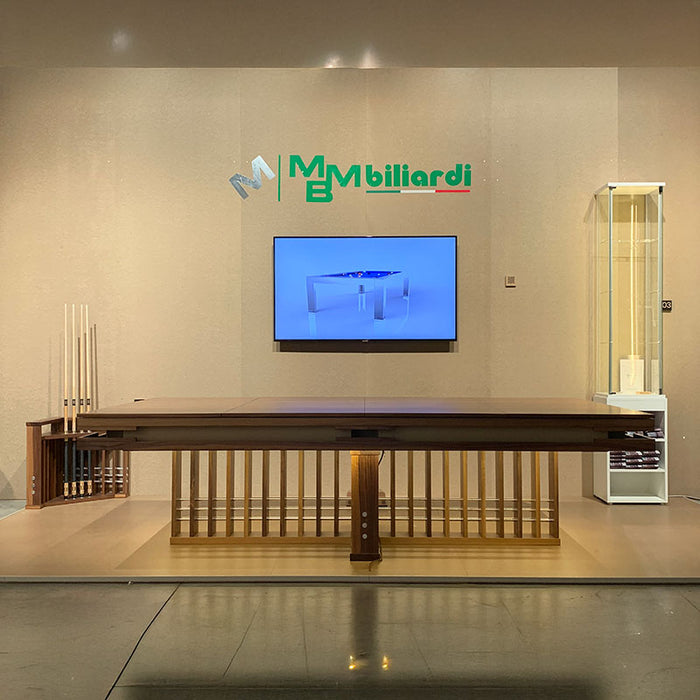 MBM Biliardi Kyoto convertible dining pool table with walnut finish at design showcase.