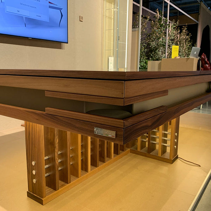 MBM Biliardi Kyoto convertible pool dining table in walnut with sleek modern design.