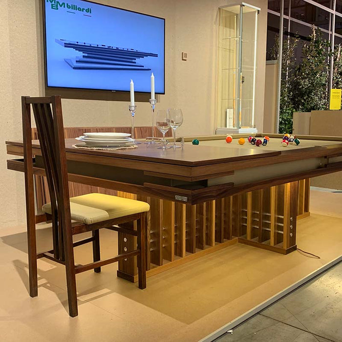 MBM Biliardi Kyoto designer billiard dining table with elegant wooden frame and set tableware.