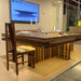 MBM Biliardi Kyoto designer billiard dining table with elegant wooden frame and set tableware.