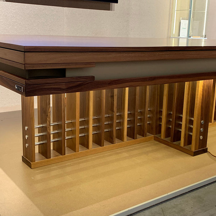 Side view of MBM Biliardi Kyoto dining billiard table with premium wooden base.
