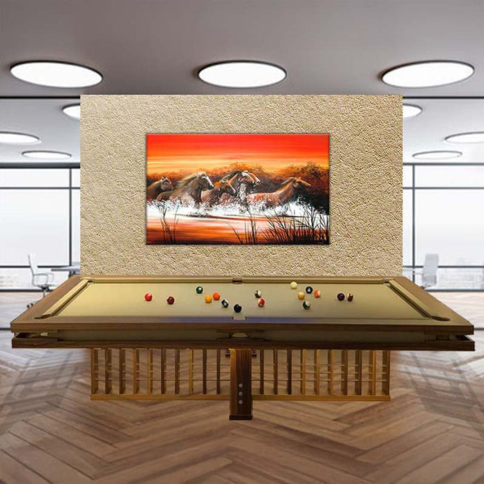MBM Biliardi Kyoto luxury billiard table in elegant office space with decorative artwork.