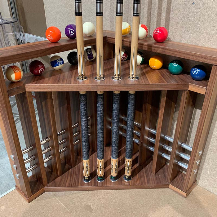 MBM Biliardi Kyoto luxury cue stand with multiple billiard balls and elegant wooden finish.