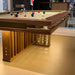Close-up of MBM Biliardi Kyoto modern billiard table with LED-lit wooden base and balls in play.