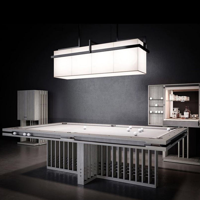 MBM Biliardi Kyoto modern grey pool table with matching bar cabinet and minimalist pendant light.