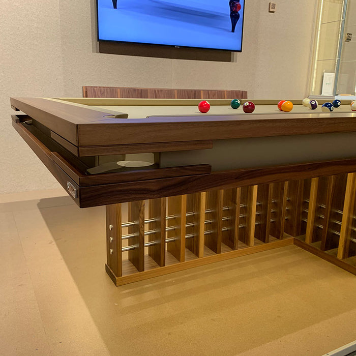 Close-up of MBM Biliardi Kyoto modern pool table corner showing premium walnut craftsmanship.