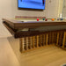 Close-up of MBM Biliardi Kyoto modern pool table corner showing premium walnut craftsmanship.