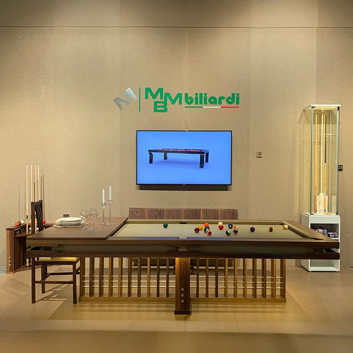 MBM Biliardi Kyoto pool dining table set for dinner at high-end interior exhibition.