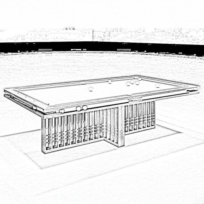 Artistic sketch of MBM Biliardi Kyoto pool table design with modern geometric wooden base.