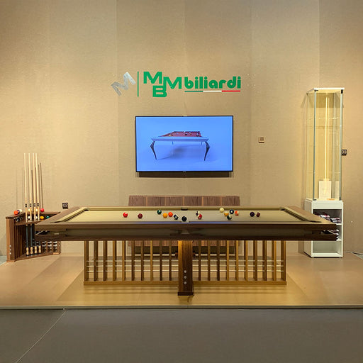 MBM Biliardi Kyoto pool dining table set for dinner at high-end interior exhibition.