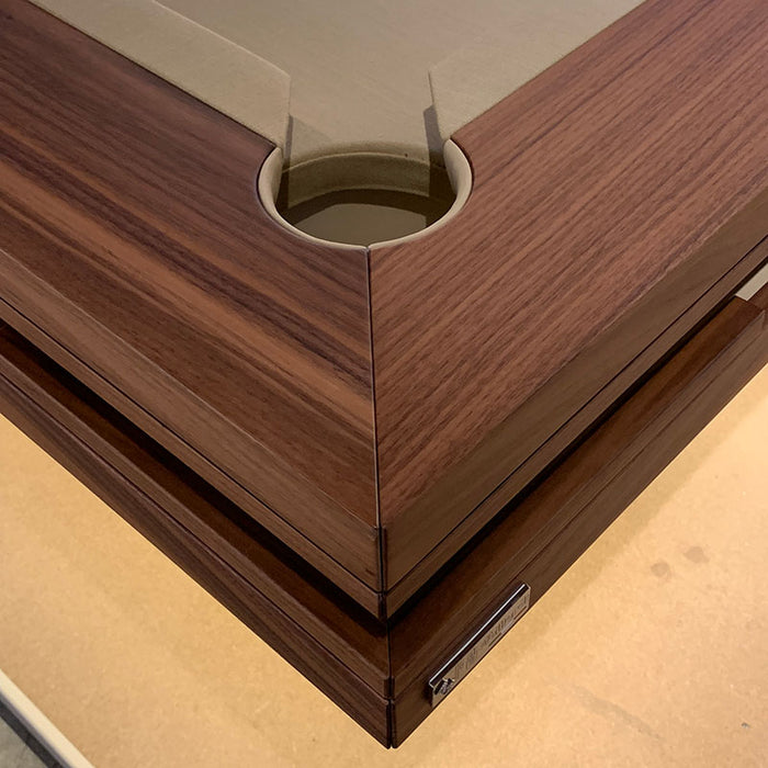MBM Biliardi Kyoto walnut billiard table pocket detail with smooth cloth finish.