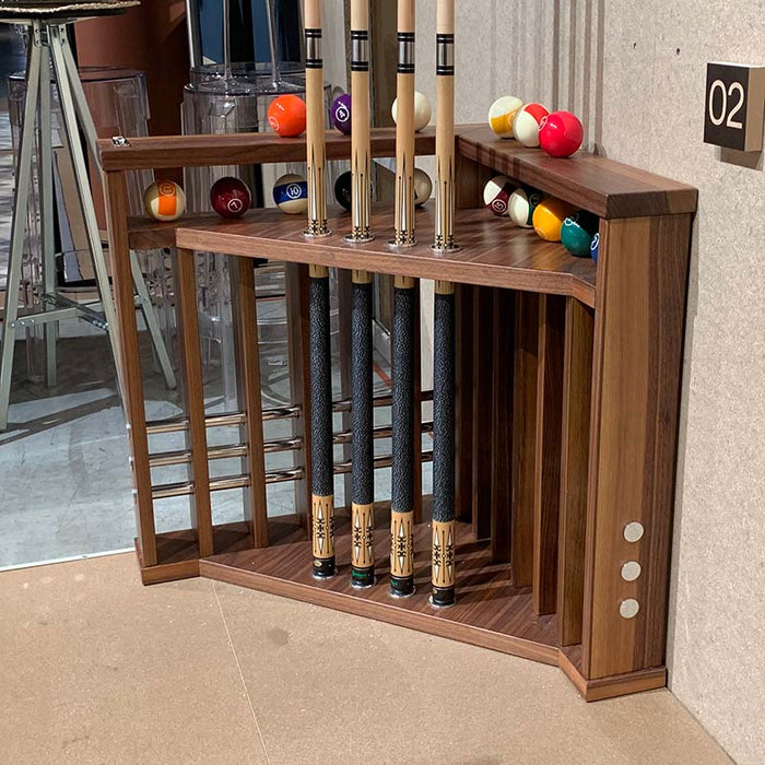 MBM Biliardi Kyoto walnut cue rack with billiard balls neatly stored at exhibition.