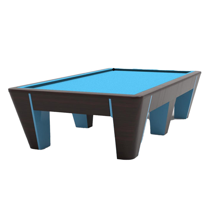 Quantum pool table by MBM Biliardi featuring dark wood finish and electric blue felt with sleek modern legs and accent lighting.