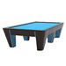 Quantum pool table by MBM Biliardi featuring dark wood finish and electric blue felt with sleek modern legs and accent lighting.
