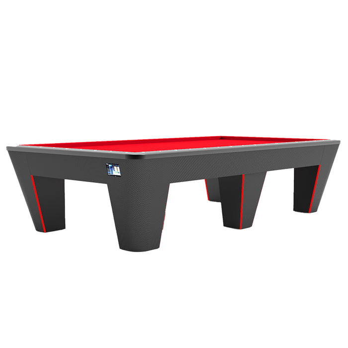 MBM Biliardi Quantum pool table in carbon black finish with bold red felt and LED accents, showcasing a futuristic and sporty design.