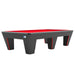MBM Biliardi Quantum pool table in carbon black finish with bold red felt and LED accents, showcasing a futuristic and sporty design.