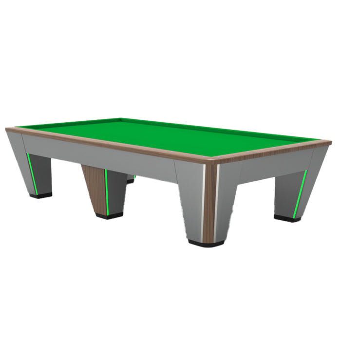 Contemporary MBM Biliardi Quantum pool table in grey and walnut tones with green felt and integrated neon green lighting for a bold, modern finish.