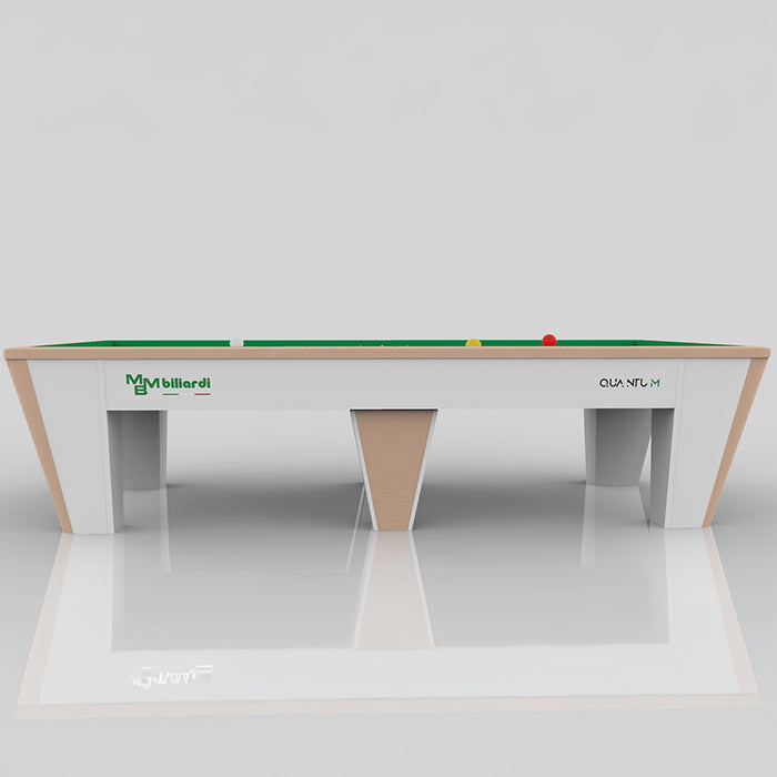Front view of MBM Biliardi Quantum pool table with white and beechwood frame, green felt, and brand detailing for a contemporary Italian aesthetic.