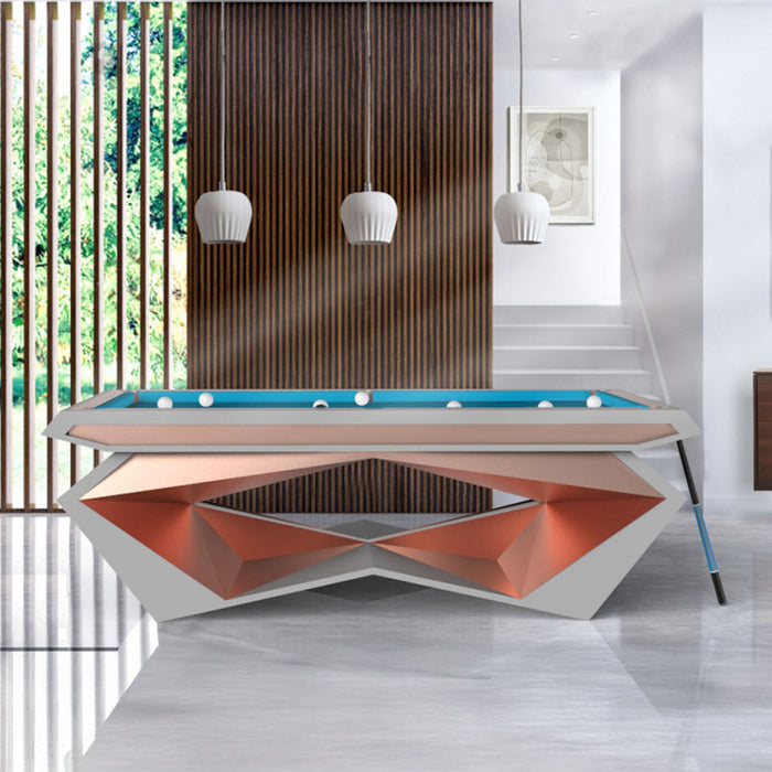 MBM Biliardi Stealth pool table with white frame and copper geometric panels, blue felt playing surface in modern luxury living room interior.
