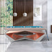 MBM Biliardi Stealth pool table with white frame and copper geometric panels, blue felt playing surface in modern luxury living room interior.