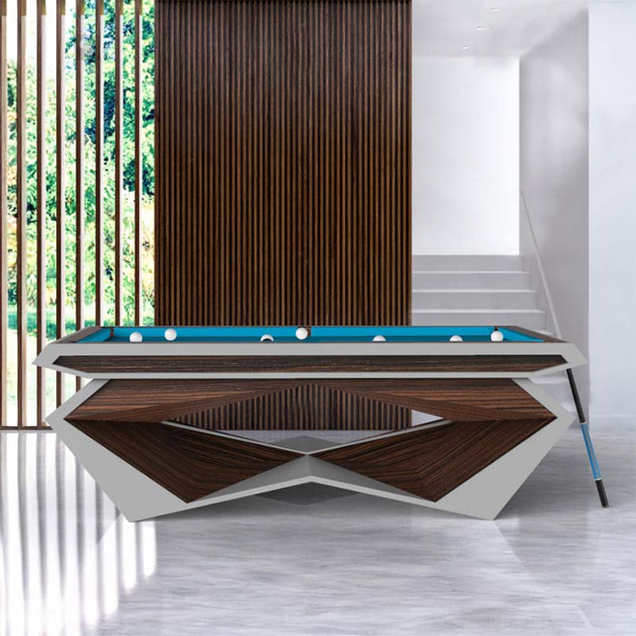 MBM Biliardi Stealth pool table in luxury living room, white frame with rich dark wood panels and blue felt, contemporary high-end billiard table design.