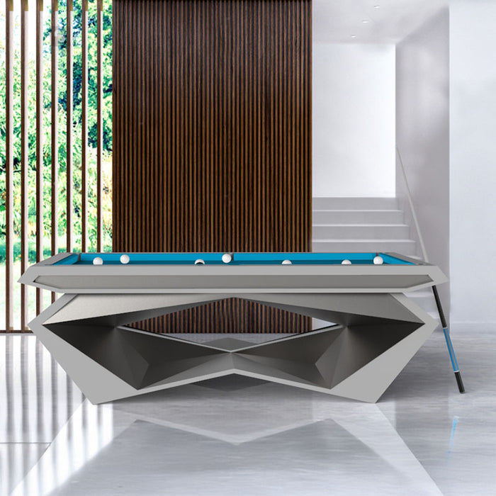 MBM Biliardi Stealth pool table with white frame and copper geometric panels, modern home setting with pendant lighting and blue felt top.