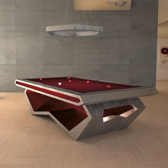 MBM Biliardi Stealth modern pool table in grey and red finish with matching red felt, contemporary luxury billiard table in designer living space.