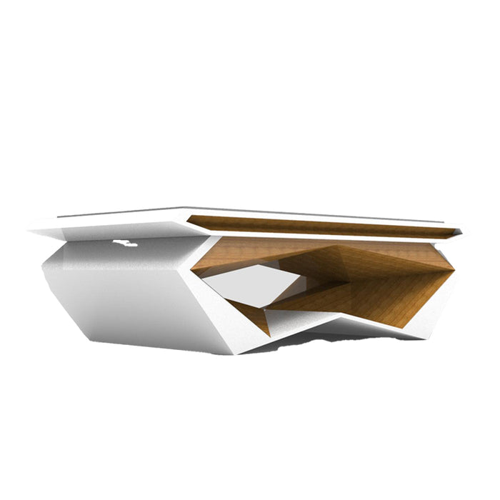 MBM Biliardi Stealth pool table in modern geometric design with white exterior and wooden interior finish, luxury contemporary billiard table for stylish homes.