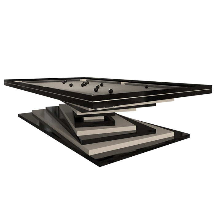 A modern, abstract render of a black, grey, and white MBM Biliardi Ziggurat pool table, emphasizing its unique geometric base.