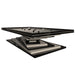 A modern, abstract render of a black, grey, and white MBM Biliardi Ziggurat pool table, emphasizing its unique geometric base.