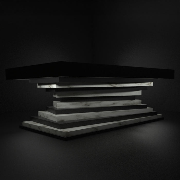 A dramatic low-angle render of the MBM Biliardi Ziggurat pool table with a black frame and a spiraling white marble-effect base, set against a dark background.