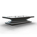 A modern 3D render of a black and white MBM Biliardi Ziggurat pool table with pool balls on its surface, highlighting its geometric base design.