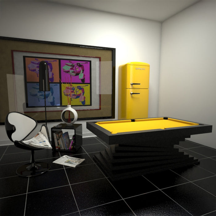 A modern MBM Biliardi Ziggurat pool table in black with a vibrant yellow felt, set in a contemporary room with art deco influences.