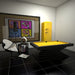 A modern MBM Biliardi Ziggurat pool table in black with a vibrant yellow felt, set in a contemporary room with art deco influences.