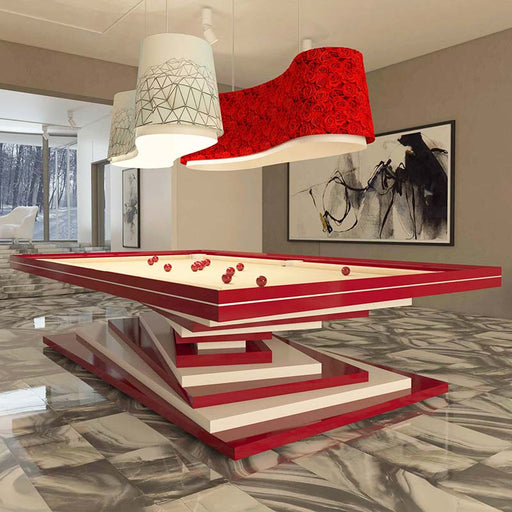 A modern MBM Biliardi Ziggurat pool table with a vibrant red frame and base, surrounded by a contemporary chandelier and elegant lounge furniture.