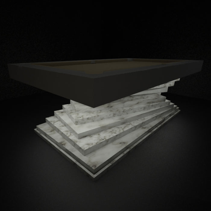 A modern 3D render of an MBM Biliardi Ziggurat pool table with a dark frame and a layered white marble-effect base, on a dark reflective surface.