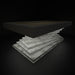 A modern 3D render of an MBM Biliardi Ziggurat pool table with a dark frame and a layered white marble-effect base, on a dark reflective surface.